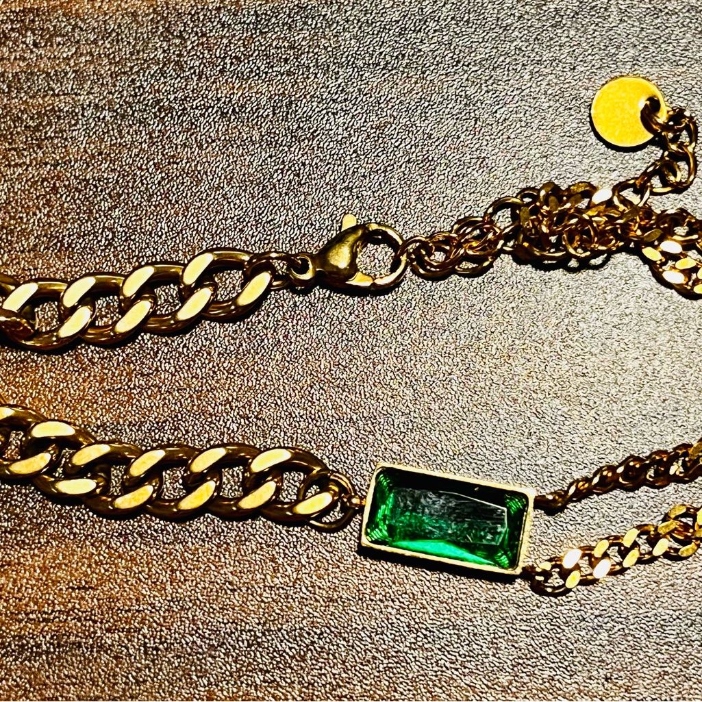 Gold Chain Bracelet With Emerald Green Gemstone. Great For May Birthdays.